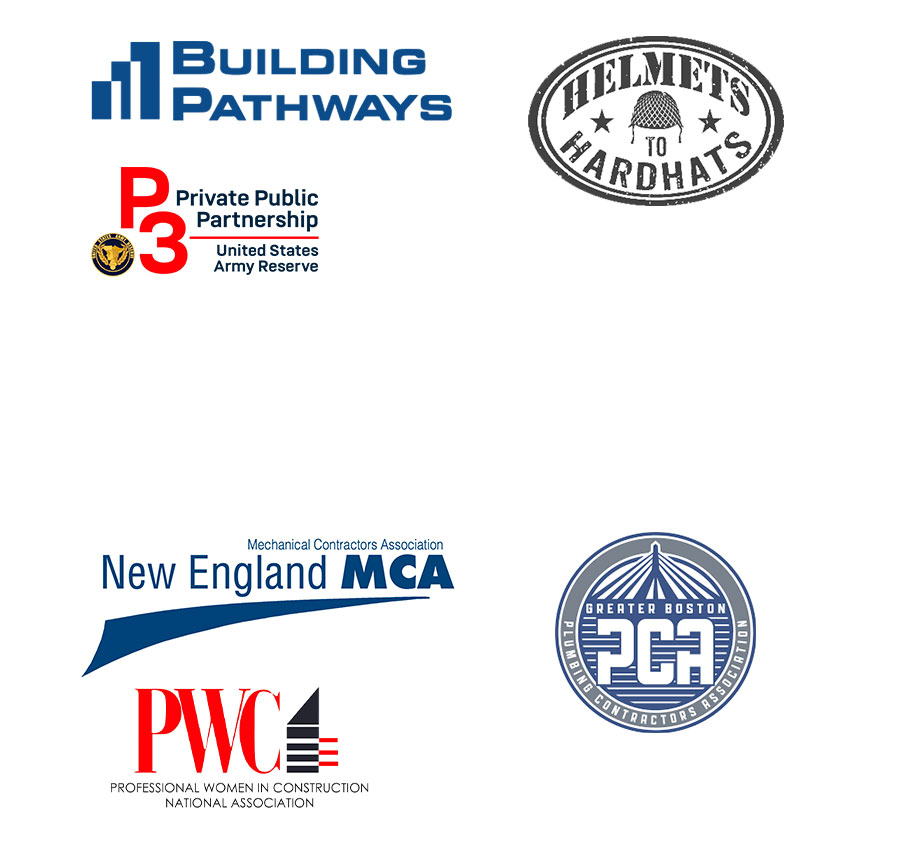 Logos for Building Pathways, Helmets to Hardhats, P3, New England MCA, and PWC.